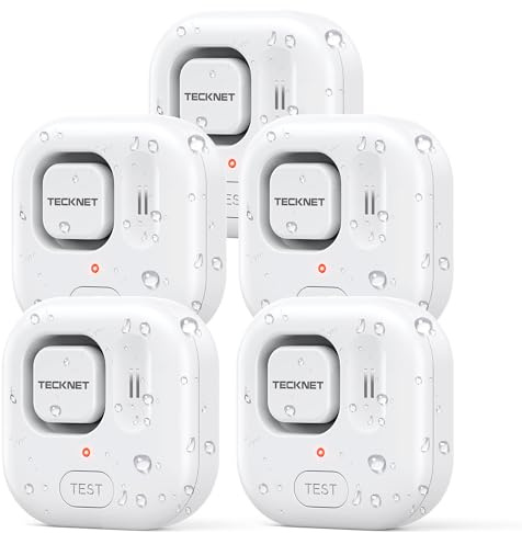 TECKNET Water Leak Detectors for Home, 120dB Water Sensor Alarm Leak Detector, IP66 Waterproof, Water Leak Detectors for Bathroom, Sink, Laundry, Window, Basements, Kitchens(5 Pack, Battery Included)