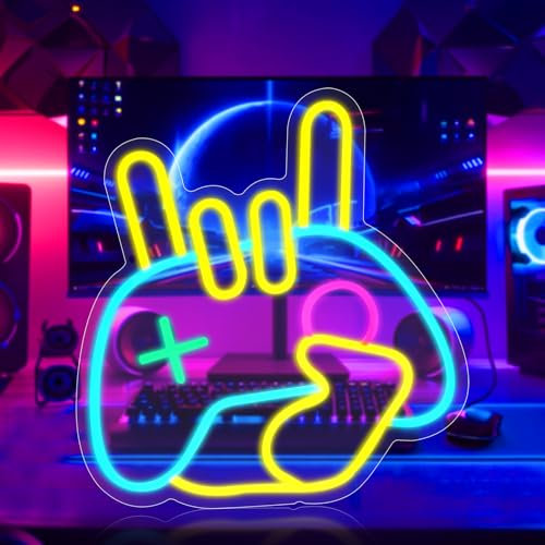 HOTUT Panneau Neon, Néon LED Lampe Enseignes Lumineuses Gamepad Neon, Néons combinant gestes et manettes de jeu, Lumineuse Neon Alimentée par USB Décoration Murale pour Salle de Jeu, Chambre,Bar