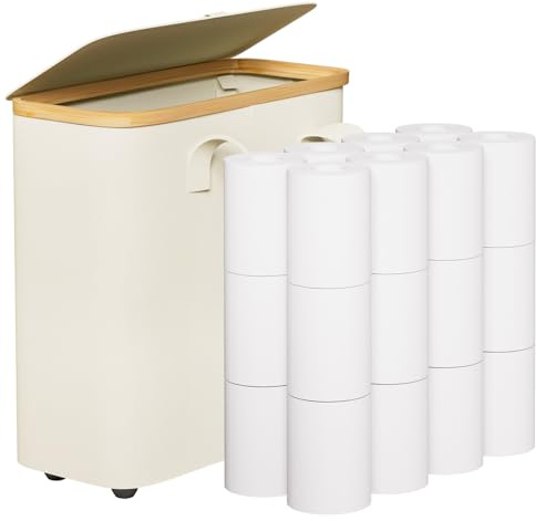 Yorbay 30L Rangement Papier Toilette avec Couvercle, Panier à Papier Hygiénique Pliable pour 12 à 16 Rouleaux, Corbeille de Rangement de Bambou pour Salle de Bain, Espaces Restreints, Beige