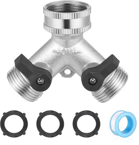 Zocipro 2 Wege Verteiler Wasser, 3/4 Zoll Y Verteiler mit 3 Dichtungen und 1 Rolle Rohstreifen, Wasseranschluss Verteiler für Gartenschlauch, Wasserhahn Doppelanschluss, Silber