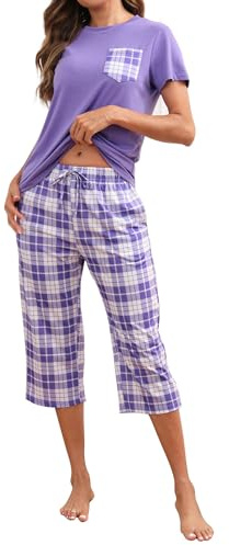 TeJoyce Pyjama Femme Court Été, Deux Pièces Vêtements de Nuit Rayonne, Ensembles Manches Courtes et Carreaux Pantalon 3/4 avec Poche, Léger et Respirant Loungewear pour Dormir (Lilas, M)