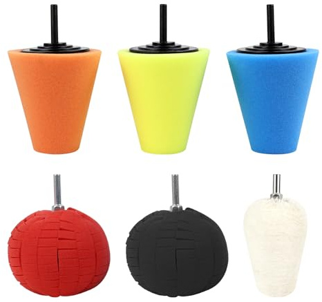 Hovom 6PCS Car Wheel Hub Drill Buffing Sponge Pads Kit, Car Polishing Foam, Sponge Buffing Cone and Polishing Ball Set, Wheel Cleaning Tools Polishing Pads for Drill Attachment (6PCS-4 Cones)
