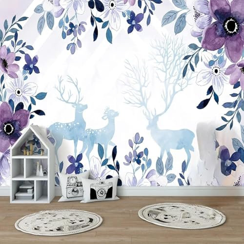 XLMING Plantes Fleurs Violettes Elan 3D Papier Peint Décoration Manger Adulte Intérieure Salon Canapé Chambre Fond TV Mur-430cm×300cm