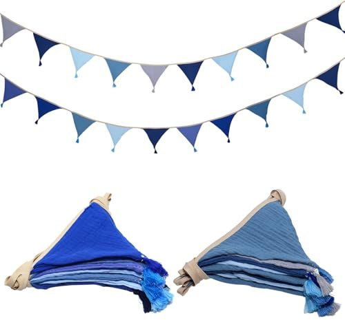 2 Stück Wimpelkette Kinderzimmer, Musselin Baumwolle Stoff Wimpelkette mit Quasten, 2.6m Wetterfest Wimpelkettes Outdoor für Girlande Kinderzimmer Deko, Hausbett (Blau)