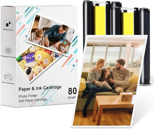 Carta Foto 4x6 per Amber M100/M200 (DHP512/DHP513) | 80 Fogli + 2 Cartucce | Kit Ricarica Stampa a Sublimazione Termica | Resistente all'Acqua & Ossidazione | Pronto per Cornici/Scrapbook/Display