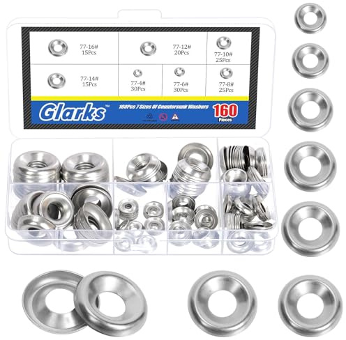Glarks 160pcs 4# / 6# / 8# / 10# / 12# / 14# / 16# Kit de rondelles de finition en argent, rondelle de coupe de finition en acier inoxydable, Joints contre-coulées pour industriel