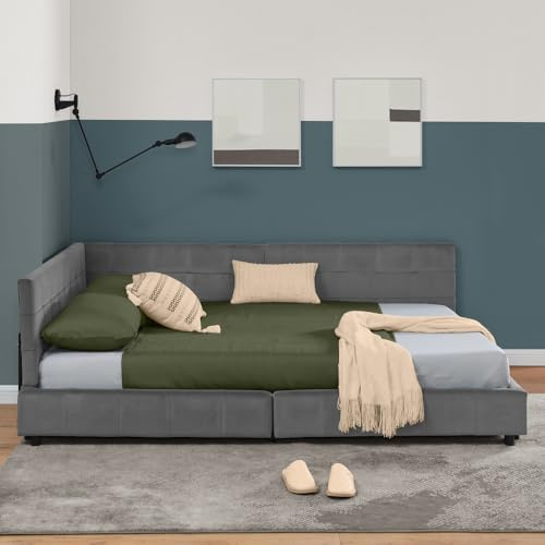 Arhatreya Schlafsofa 140x200 cm, L-Form Sofabett mit Hoher Rückenlehne, Polsterbett mit Lattenrosten, Doppelbett Tagesbett für Wohnung Schlafzimmer (Ohne Matratze) Samtstoff Dunkelgrau