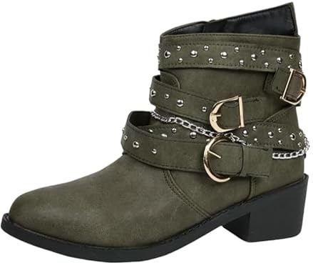 JXpxbao Damen Stiefeletten Biker Boots - Stiefel Mit Nieten Blockabsatz - Bequeme Herbst Winter Frauen Schuhe Schnallen Vintage Cowboy Stiefel Damen Ankle Boots Frauen Combat Booties (Grün,39)