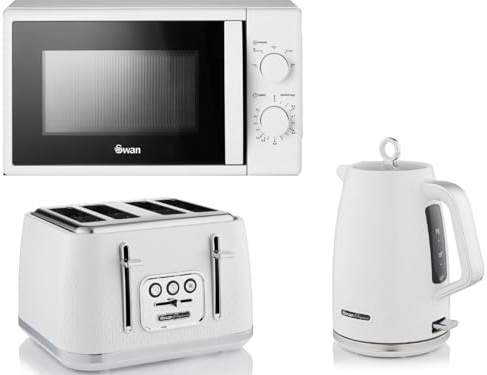 Swan Elegance White 1.7L 3KW Kettle, 4 Slice Toaster and 700W 20L Microwave SM4420WHT. Contemporary Matching Kitchen Set with a Sleek White Textured Finish