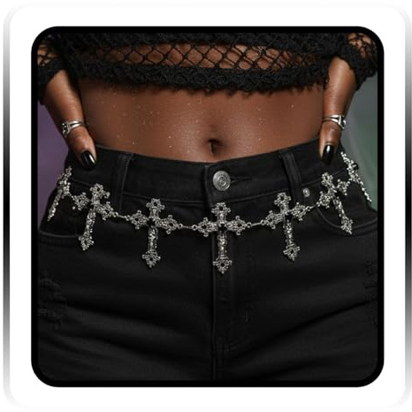 ELABEST Cross Silver Chain Belt Y2k Gothic Waist Chains Charm Punk Accessories for Women (Black Gem)