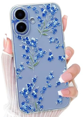 NITITOP Skal för iPhone 17 Sött Transparent Blomma Mönster Aestetiskt Blommig Design för Kvinnor Tjejer Klar Genomskinligt Mjukt TPU Stötsäker Skyddande Fodral - Blå
