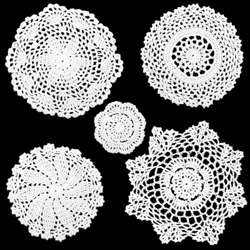 5 PCS White Lace Crochet Doilies for Tables, 4 to 8 Inch Vintage Round Cloth Doilies for Decoration, Rustic Table Crochet Coasters Decors for Kitchen Dining Room Party Wedding Dressers Decoration