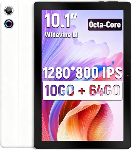 Laptok 10 Inch Tablet Android 14, 10GB RAM 64GB ROM 1TB TF, Octa-Core 2.0GHz Processor, 5G+2.4G WiFi 6, 8+5MP Dual Camera, 5000mAh Battery, Newest Tablets with Widevine L1 White