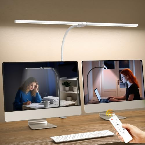 Doppelkopf Schreibtischlampe LED Dimmbar，1200 Lumen Schreibtischleuchte klemmbar mit 5 Farbtemperaturen und 5 Helligkeiten für Home Office，Augenschutz büro tischlampe mit Schwanenhals,Monitor Lampe