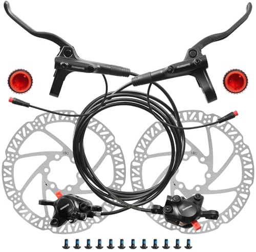 MT200 Hydraulic Brake for Ebike, 2-Pin Power-Off E-Bike Hydraulic Disc Brake Set with 160/180/203mm Rotors, 2-Piston Hydraulic Brakes Pre-Bled with Mineral Oil (Ebike Brakes+180mm Rotors)