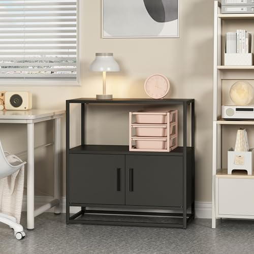 [en.casa] Armario de Oficina Hailuoto con Mueble de Oficina Archivador de Estudio con 2 Compartimentos y 2 Puertas con Cierre Magnético para Recibidor Sala de Estar Acero 82 x 80 x 40 cm - Negro