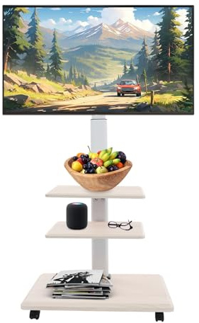 Wheeled portable TV Screen Stand and Computer Monitor Stand, Equipped with Tier Shelves, Height and Angle Adjustable Rolling Cart, Portable TV Trolley for 32-70 inch Flat Curved up to 45kg (White)