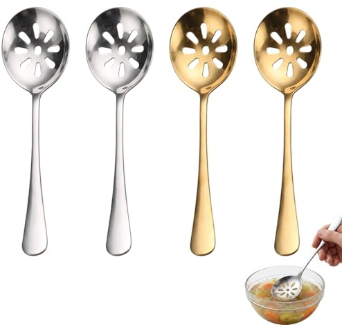 4 PCS Slotted Spoon, Serving Spoon, Ladle Spoon, Metal Serving Spoon, Hollow Design, Easy Grip Handle, Reusable Kitchen Utensil, Ideal for Family Kitchen, Restaurant, Catering, Daily Meal Prep