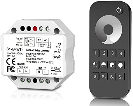 LEDUX Smart Funk-Dimmer-Schalter + WiFi - 230V WiFi Licht-Dimmgerät & TRIAC Lichtsteuerungsmodul - Drahtloser, WLAN-gesteuerter LED-Dimmer (Inkl. Fernbedienung)