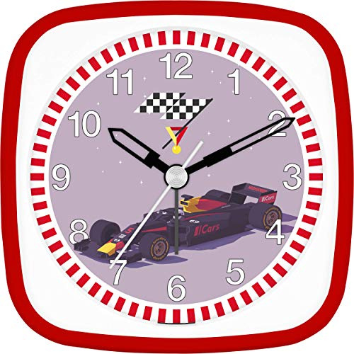 Eurotime Wecker Jungen Rennauto Rennsport, Kinderwecker, Rot, Kunststoffgehäuse und Kunststoffglas, geräuscharmer Wecker, ohne Ticken, mit Licht und Weckwiederholung, 27110-01