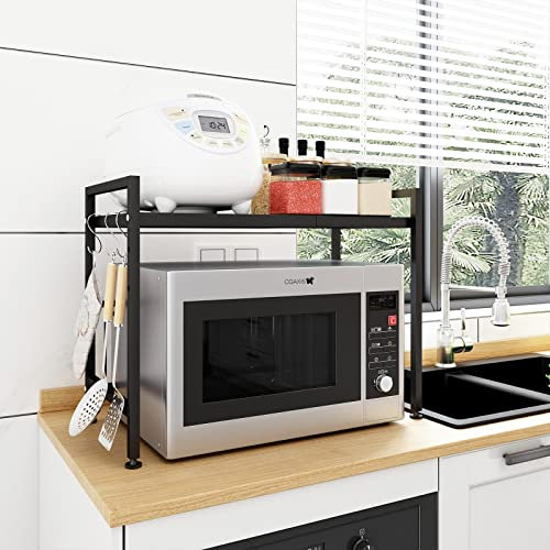 Mocosy Griglia per forno a microonde, ripiano allungabile e regolabile in altezza, ripiano da banco da cucina a 1 livello con 3 gancetti, acciaio al carbonio, capacità di peso di 55 LB,nero