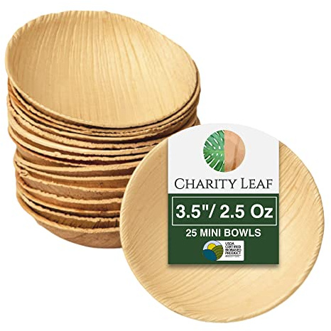Charity Leaf Disposable Palm Leaf 3.5 Round Mini Bowl (25 pcs) Dipping Bowls | Bamboo Like| All Natural and Biodegradable | Charcuterie Boards, BBQs, and Parties