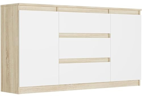Framire R-140-S3 Kommode in Sonoma Eiche mit Weiß, Kommode mit 3 Schubladen, 2 Türen, Schrank für Schlafzimmer, Wohnzimmer, Bad, 76 x 140 x 40 cm