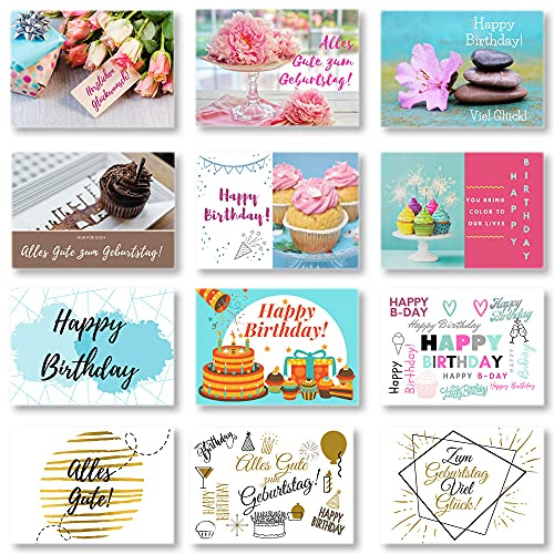 Domelo Geburtstagskarten 24er Set mit Umschlag, Happy Birthday Postkarten | Kraftpapier Karten zum Geburtstag, Geburtstagskarte für Mann/Frau/Kinder, Postkarte als Grußkarten. 24 Karten + 24 Umschläge