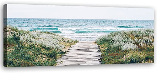 Feeby Vlies Leinwandbild Meer Strand Sand Wasser Wellen 90x30 cm Druckbild Wandbild Wanddekoration Deko Wand Aesthetic Gras Nordsee Ostsee Grün
