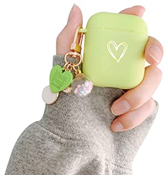 Fycyko Kompatibel mit AirPods 2 & 1, Herz Muster mit Niedlicher Glücksball Airpods Case mit Schlüsselanhänger Stoßfeste AirPods Schutzhülle für Mädchen Frau für Airpods 2 & 1-Minzgrün