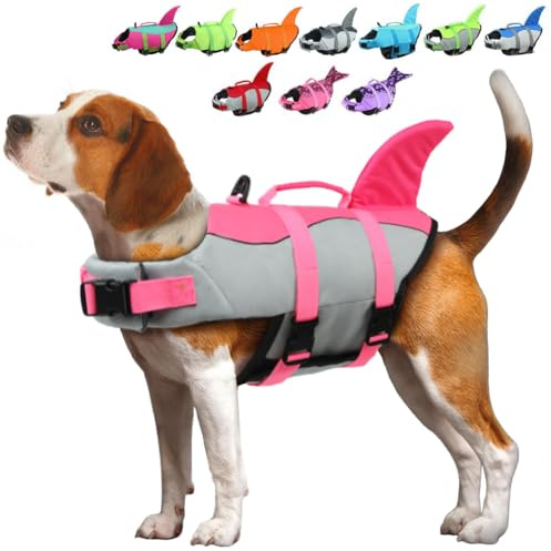 EMUST Dog Life Jacket Shark, Dog Life Vests for Small, Middle, Large Dogs with Rescue Handle Pet Flotation Vest Safety Lifesaver for Swimming Pool Beach Boating, (S,Pink)