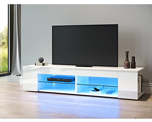 SONNI Mobile Porta TV LED per Soggiorno,Mobile TV Moderno Bianco a Giorno con Ripiani in Vetro e Telecomando e Illuminazione a Orientabile il Colore 135x39x30cm