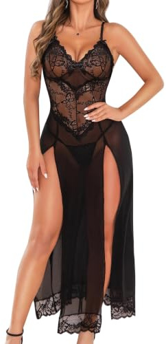 RSLOVE Damen Sexy Dessous Spitze Babydoll Mesh Lange Chemise Nachtwäsche Schwarz X-Large
