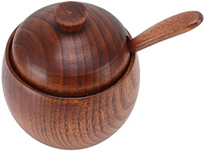 BuyWeek - Azucarero de madera, tarro de especias de madera, cuenco de sal de cocina, contenedor de almacenamiento de condimentos con tapa de cuchara, herramienta de cocina