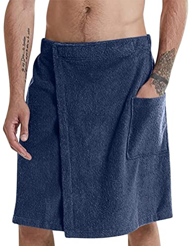 Oanviso Asciugamano da Bagno Uomo con Chiusura in Pull-On e Tasca Classico Colore Solido Asciugamano da Bagno Gonna con Elastica Kilt da Sauna per Casa o Sauna Morbido Confortevole A Blu Navy S