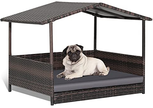 Maxmass Wicker Dog Bed, Rattan Pet House with Removable Soft Cushion, Raised Dog Sofa for Small Medium Large Sized Dogs (Gray)