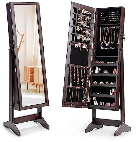 RELAX4LIFE Schmuckschrank mit Ganzkörperspiegel, Spiegelschrank mit 108 Ohrringschlitzen, 36 Ohrringlöchern, 98 Ringschlitze, 18 Haken&5 Ablagen, Schmuckregal mit 4 Neigungswinkel&Schloss (Braun)