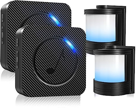 PHYSEN - Sistema de alarma inalámbrico para el hogar, 150 m de alcance, 58 tonos de timbre, 5 niveles de volumen, indicador LED (2 sensores de movimiento + 2 receptores)