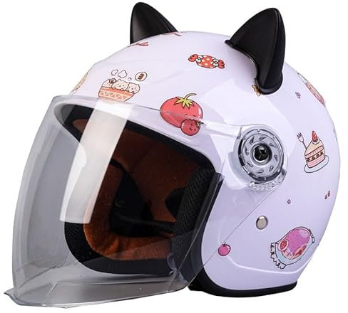 Elektrischer Motorradhelm Für Kinder Mit Katzenohren DOT-Zugelassener Leichter Atmungsaktiver Halbhelm Für 2–14 Jahre Alte Jungen Und Mädchen Mit Visier, Bobber-Scooter-Helme J,45-53CM