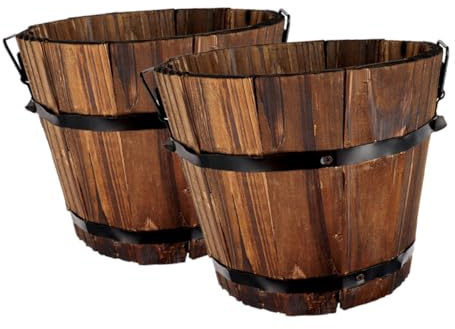 Gogogmee Wooden Barrel Flower Pot 4.64X3.93X3.54In Succulent Planter Set of 2 Rustic Vintage Style Indoor Outdoor Garden Decor