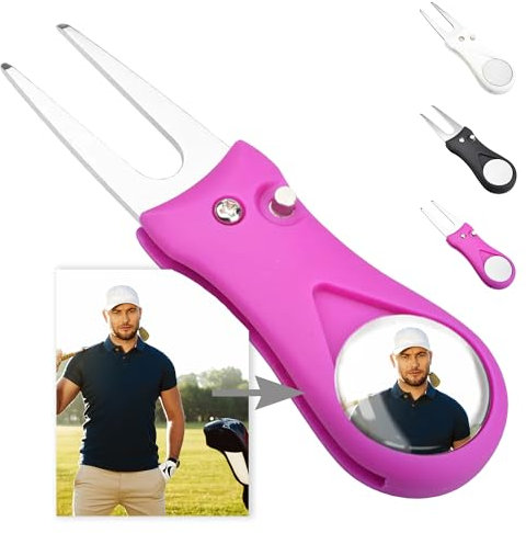 ibera gifts - Golf Pitchgabel mit magnetischem Golfball Marker personalisiert mit Foto, Edelstahl Pitchfork Golf Pitchgabel, 2,5 cm Bilddurchmesser, in Geschenktasche (Pink)