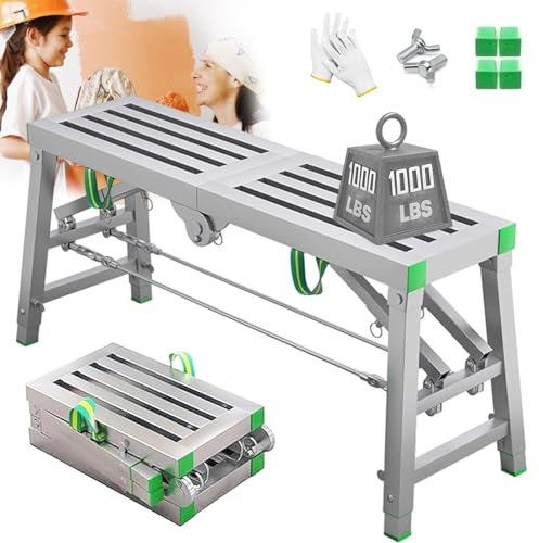 Fablestoryem Plataforma de Trabajo de Carga de 500 kg,Andamio Plegable portátil,Escalera de Mano para andamio de Banco de Trabajo Grueso,Marco de Trabajo,Altura Ajustable de 5 Engranajes,140x30cm