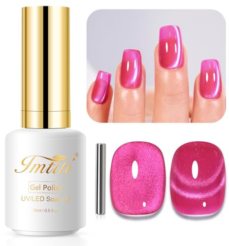 Imtiti Cat Eye Gel Nail Polish - 15ML Hot Pink Crystal Glitter With Magnet - Holographic Galaxy Sparkly Soak Off UV Led Manicure Salon Kit
