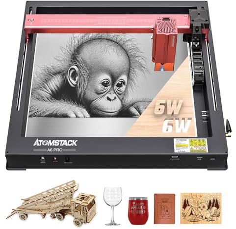 ATOMSTACK MAKER A6 Pro Laser Graviermaschine, 6W Laserleistung Laserschneider Lasergravur, 0,05 * 0,05 mm Laserpunkt Laser Gravur für Holz Metall Acryl Vinyl 3D-Holzpuzzles, APP Wifi USB