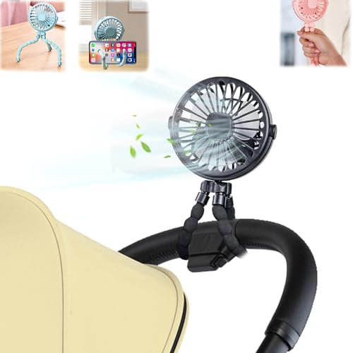 Amotee Pram Fan,Stroller Fan,3 Speed Portable Stroller Fan Clip on for Baby, Hand Held Fans Battery Operated with Flexible Tripod, for Car/Stroller/Bike/Camping/BBQ/Gym (Black)