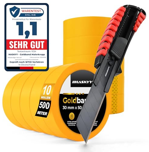 HASKYY Goldband Malerkrepp Kreppband 10x Malerband 30mm x 50m inkl. Aluminium Teppichmesser - Profi Set für scharfe Farbkanten, Selbstklebend Abdeckband, Cuttermesser mit Extra Scharfer SK5 Klinge