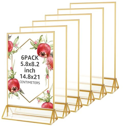 JMIATRY 6 Stück Tischaufsteller Tafel, A5 Thekenaufsteller Gold, Goldener doppelseitiger Bilderrahmen für Ausstellungen, Tischnummern, Fotorahmen, Hochzeit Tischnummer