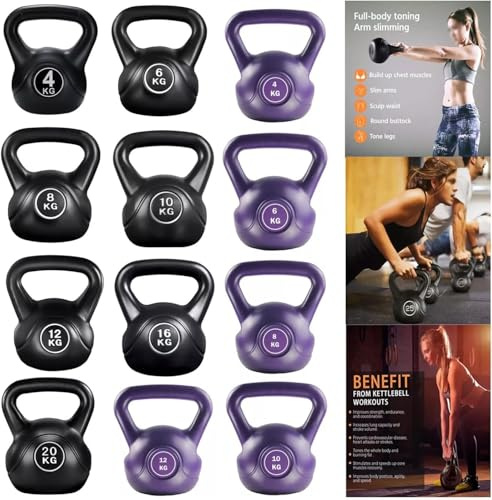 Vinyl Kettlebell Weight Set Kettlebells Exercise Home Gym Fitness Workout 4-20kg | Heavy Weight Kettle Bell for Strength Cardio Training - Kettlebells for Home and Gym Fitness Workout (Black, 6 KG)