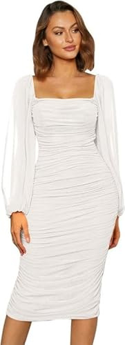 Haibang Elegante Kleider Damen Bodycon Langarm Mesh Midikleid Sexy Quadratischer Hals Rüschen Figurbetont Langarmkleid Festliche Hochzeit Partykleid Abendkleider Cocktailkleid