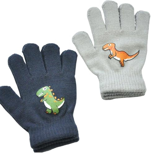 Dinghaole 2Paires Gants Enfants,Gants Magiques pour Enfants, Gants en Tricot Dinosaures,pour 5-11ans,Gants Chauds pour Enfants,Gants Chauds tricotés pour Jouer en Plein air,avec Motif de Dessin Animé